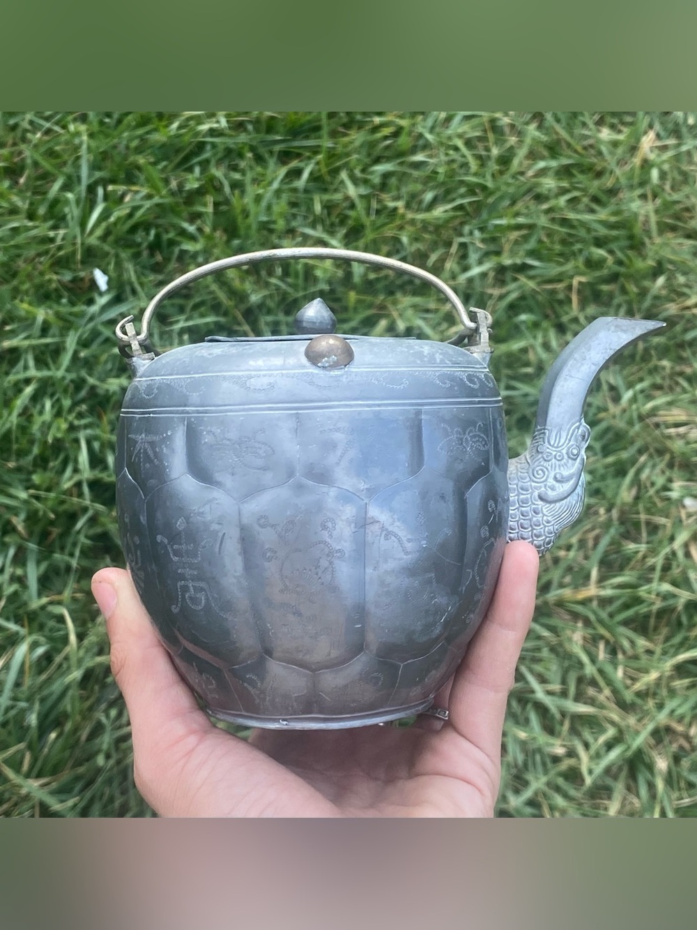 Antique Late Qing Dynasty Pewter Etched Western Export Tea Pot